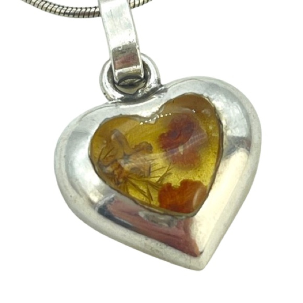 Silver ‘Forget Me Not’ Flower Heart Charm Pendant Necklace, Sterling Snake Chain